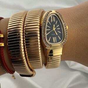 Serpentine Gold Snake Coil Wrap Watch - Crystal-Embellished Statement Watch